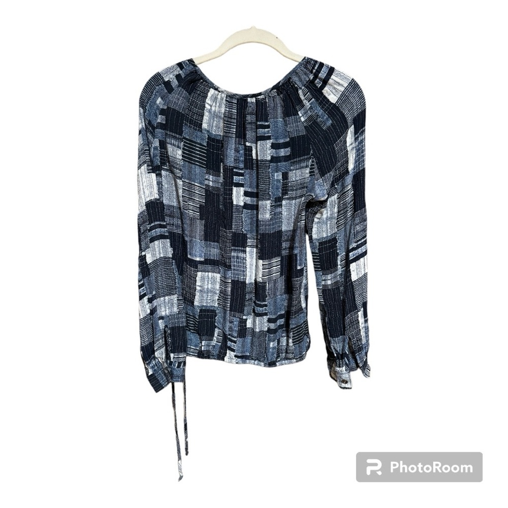 Karen Kane Patchwork Print Peplum Blue Checked Blouse. Women’s Small. - Picture 2 of 5